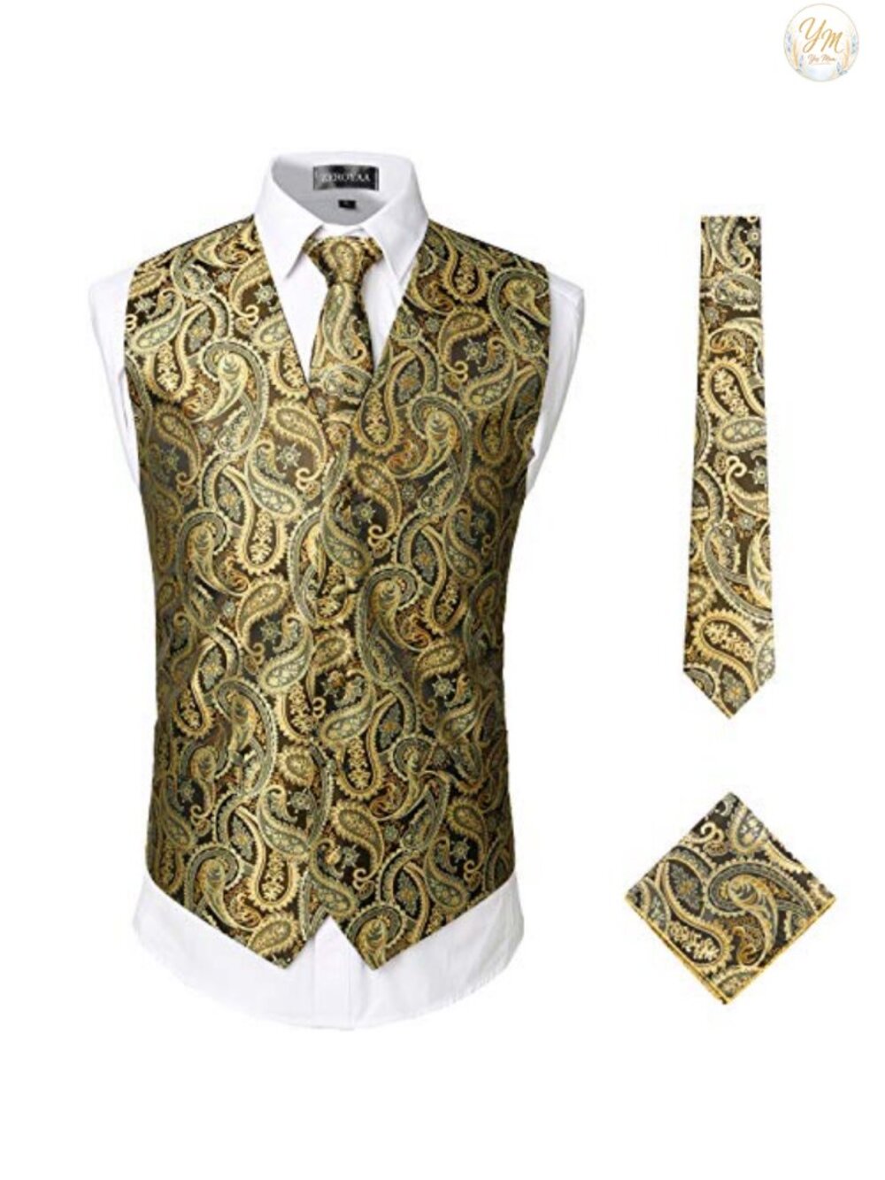 Mens Classic 3pc Jacquard Paisley Vest Set with Tie & Handkerchief